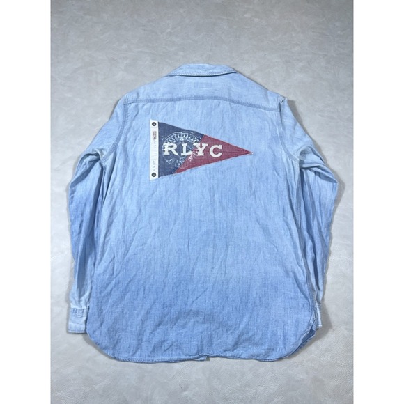 Polo Ralph Lauren Mens Chambray Denim Button Shirt Blue Yacht Club RLYC Flag - Picture 1 of 9